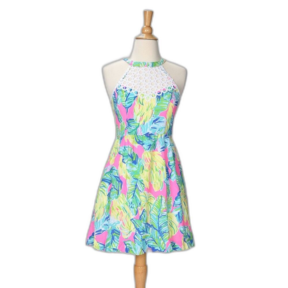 Lilly Pulitzer Halter Dress Lace Neckline Insert Back Zip Closure Size 0